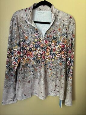 Acegolfs Floral Quarter-Zip Long Sleeve Top in Taupe Floral